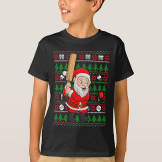 Xmas Ugly Sweater Style Santa Playing Cricket Chri T Shirt