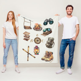 Xmas Vintage Rustic Ski Couple Initials Off White Fleecefilt