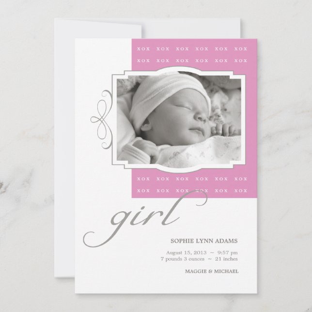 XOX Girl Anpassningsbar Photo Birth Notice Meddelande (Framsida)