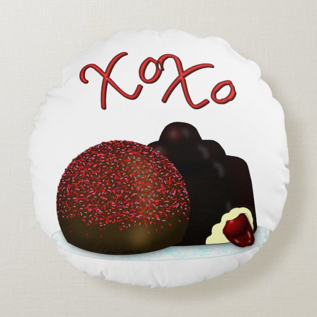 XOXO Alla hjärtans dag Praliner och Mörk Choklad Rund Kudde (Framsidan)