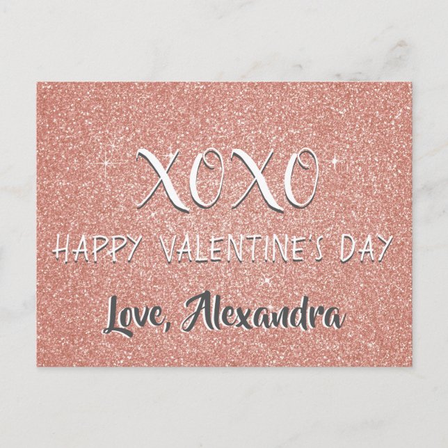 XOXO Alla hjärtans dag Rosa ros Guld Gnistra Helg Vykort (Framsida)