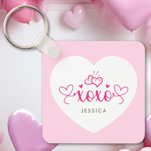 XOXO Anpassad Text Foto Söta Rosa Hjärtan Nyckelring