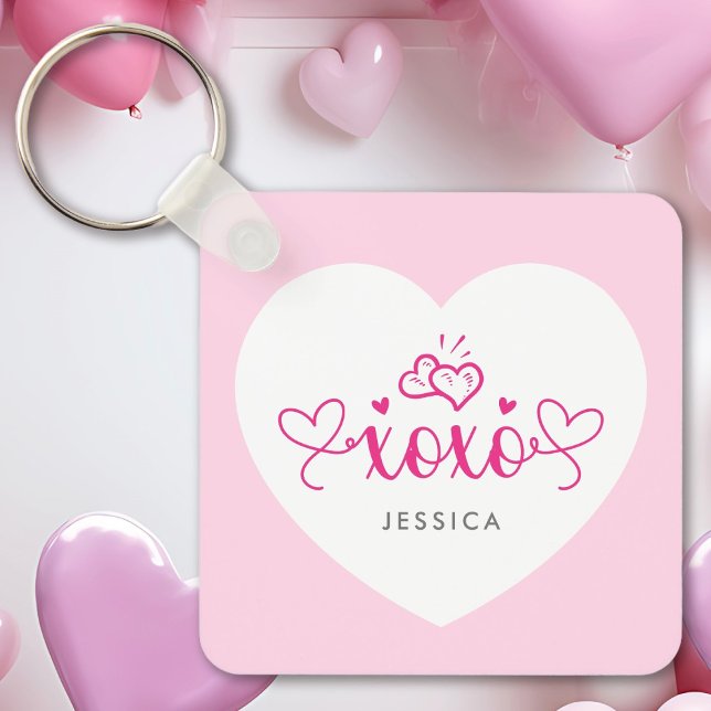 XOXO Anpassad Text Foto Söta Rosa Hjärtan Nyckelring (Skapare uppladdad)