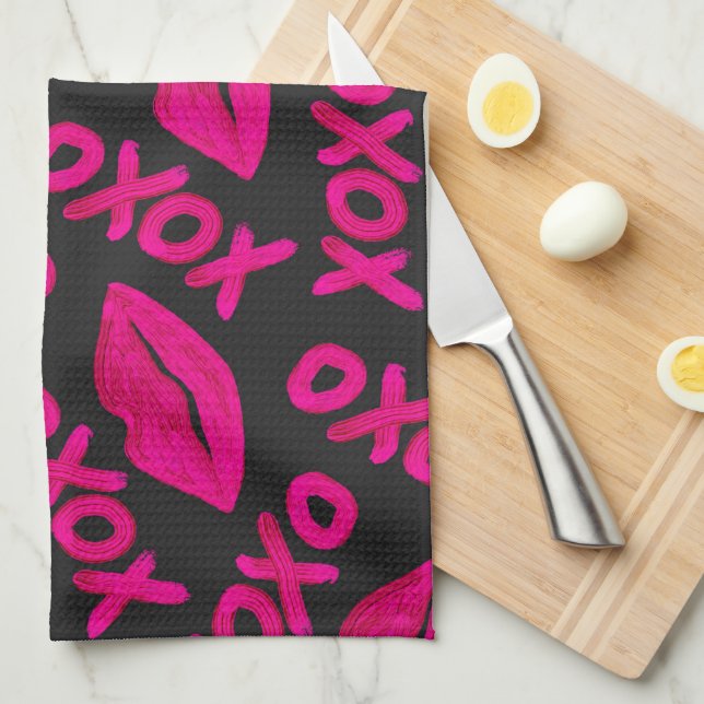 XOXO-citat Black Neon Rosa Läppar Lipstick Mönster Kökshandduk (Vikt i Fjärdedel)