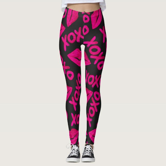 XOXO-citat Black Neon Rosa Läppar Lipstick Mönster Leggings (Framsida)