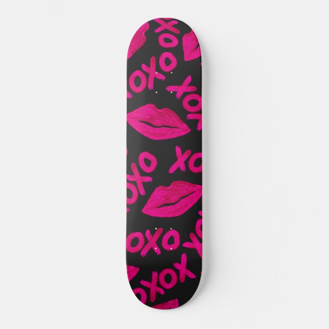 XOXO-citat Black Neon Rosa Läppar Lipstick Mönster Mini Skateboard Bräda 18,5 Cm (Framsida)