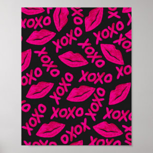 XOXO-citat Black Neon Rosa Läppar Lipstick Mönster Poster