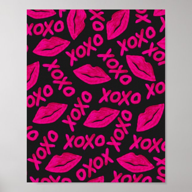 XOXO-citat Black Neon Rosa Läppar Lipstick Mönster Poster (Framsidan)