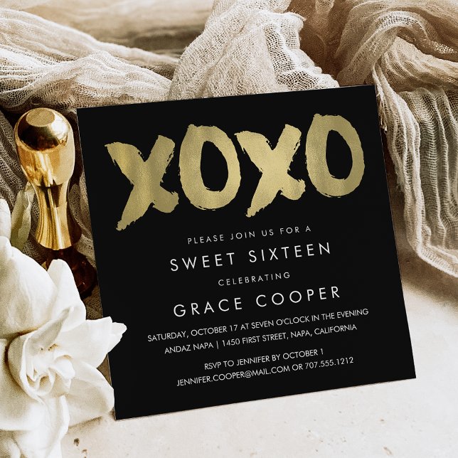 XOXO Faux Guld & Black Sweet sixteen Inbjudningar (Skapare uppladdad)