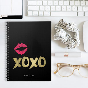 XOXO Faux Guld & Rosa Läppar Svart Anteckningsbok Med Spiral