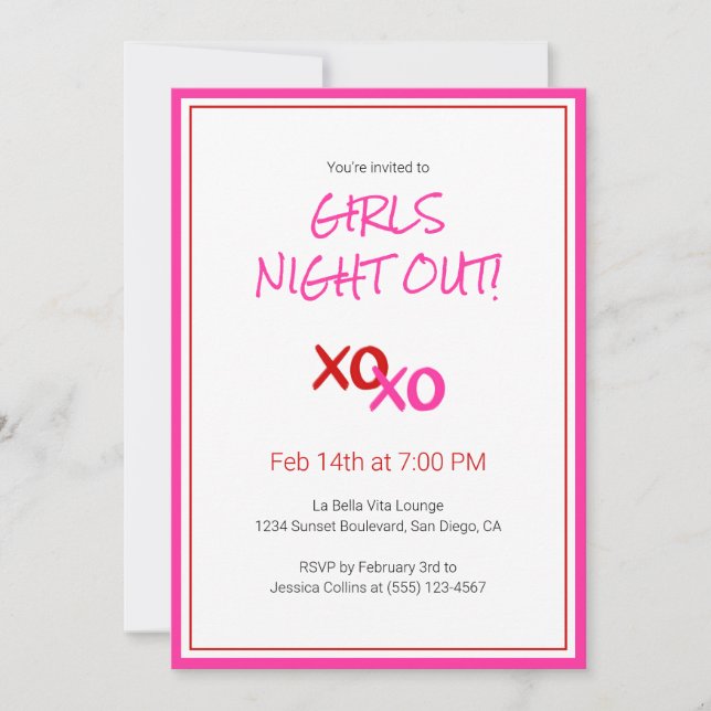XOXO-flickor nattetid ut Rosa Cute Galentine Day P Inbjudningar (Framsida)