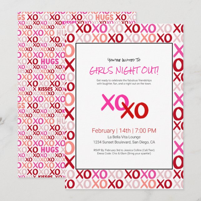 XOXO-flickor nattetid ut Rosa Cute Galentine Day P Inbjudningar (Fram/baksida)