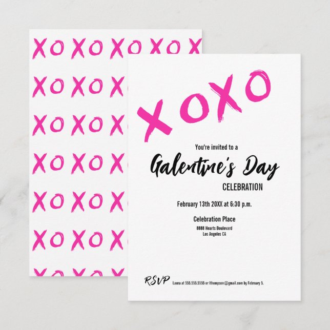 XOXO Galentins ROSA WHITE Valentines Party Inbjudningar (Fram/baksida)