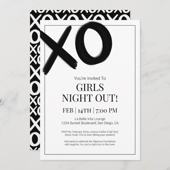 XOXO Girls Natt ut Black Bestie Galentine Party Inbjudningar (Fram/baksida)