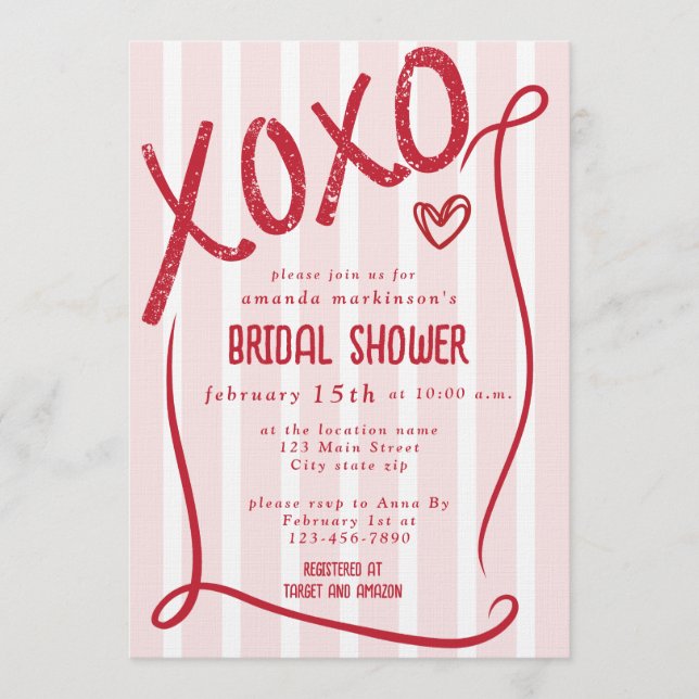 XOXO Hand Drawn Pink Bridal Shower Party Inbjudningar (Framsida)