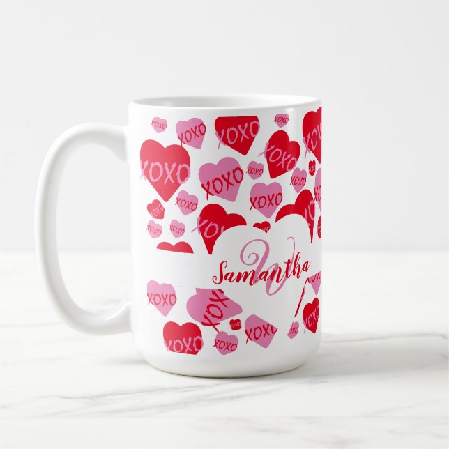 XOXO Heart Rosa Red Mönster Monogram White Kaffemugg (Vänster)