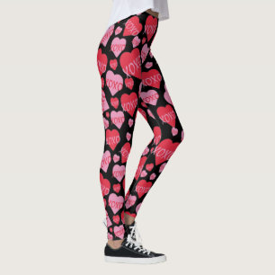 XOXO Kärlek Rosa Red Heart Mönster Valentine Black Leggings
