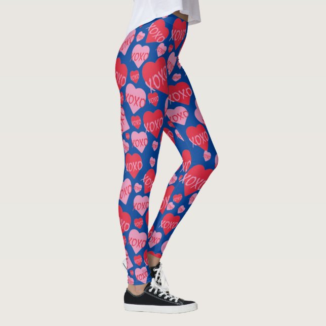 XOXO Kärlek Rosa Red Heart Mönster Valentine Blue Leggings (Höger)