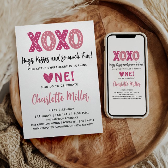 XOXO Knuffar & Kyssar Alla hjärtans dag 1-års föde Inbjudningar (Skapare uppladdad)