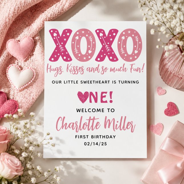 XOXO Kramar & Pussar Alla hjärtans dag 1-års födel Poster (XOXO Hugs & Kisses Valentine's Day 1st Birthday Poster)