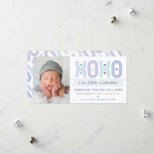 XOXO Little Valentine Boy Photo Birth Notice Julkort