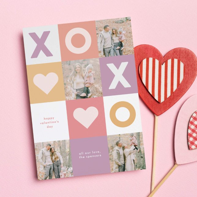 XOXO Modern 4-fotohjärtans dag Julkort (XOXO checkerboard collage Valentine's Day card with 4 photo holders)