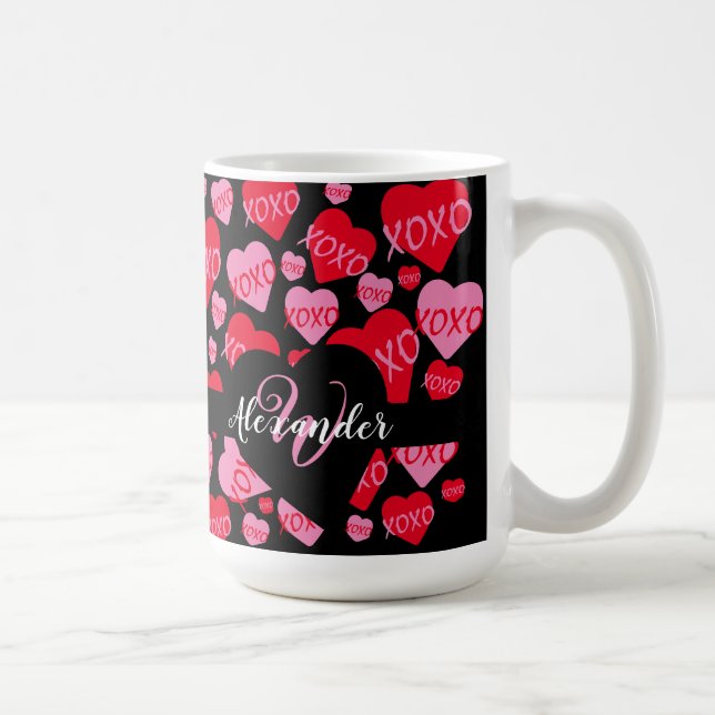 XOXO Monogram Heart Rosa Red Mönster Black Kaffemugg (Höger)