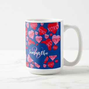 XOXO Monogram Heart Rosa Red Mönster Blue Kaffemugg