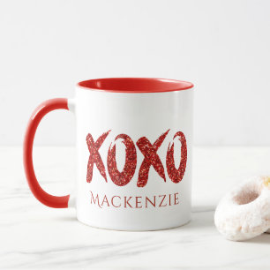 XOXO Red Glitter Glam Brushstroke Hug och Kisses Mugg