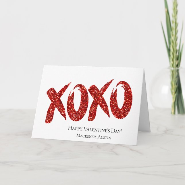 XOXO Red Glitter | Glam Brushstroke Valentines day Helgkort (Framsida)