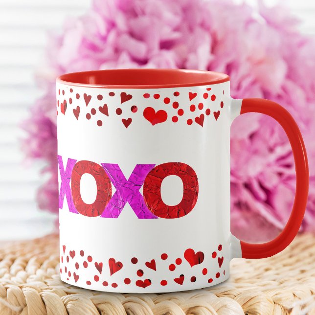 XOXO Red Rosa Foil Cute Bold Valentine Day Mugg (Skapare uppladdad)