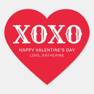 XOXO röd vit typografi, söt valentindag Hjärtformat Klistermärke