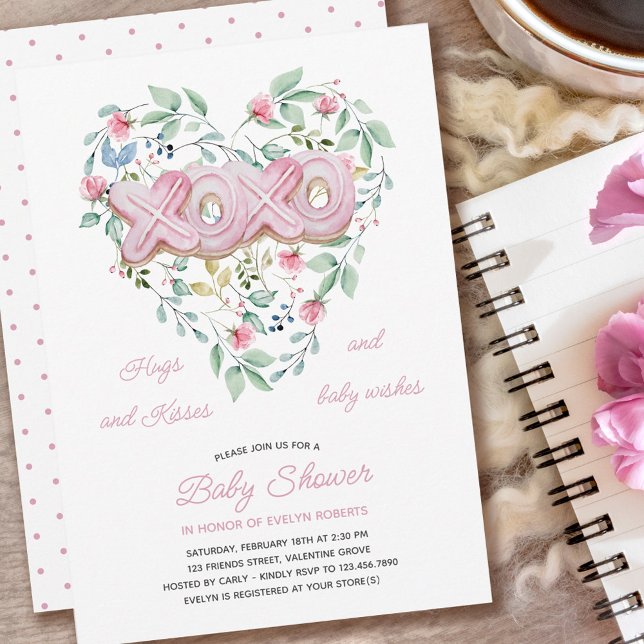 XOXO Rosa Cookies Fintvätt Blommigt Babykläder Inbjudningar (Skapare uppladdad)