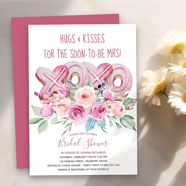 XOXO Rosa Cookies Söt Blommigt Möhippa Inbjudningar (Soon to be Mrs XOXO Bridal Shower Invitation - order printed or as printable instant download)