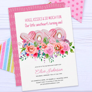 XOXO Rosa Cookies Vibrant Blommigt Girl 1:a födels Inbjudningar