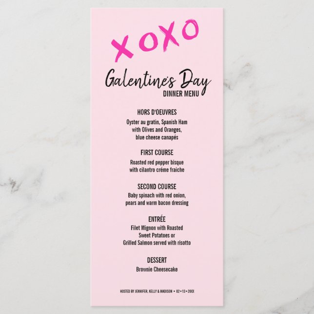 XOXO Rosa girly Galentine's day party Middag Meny (Framsida)