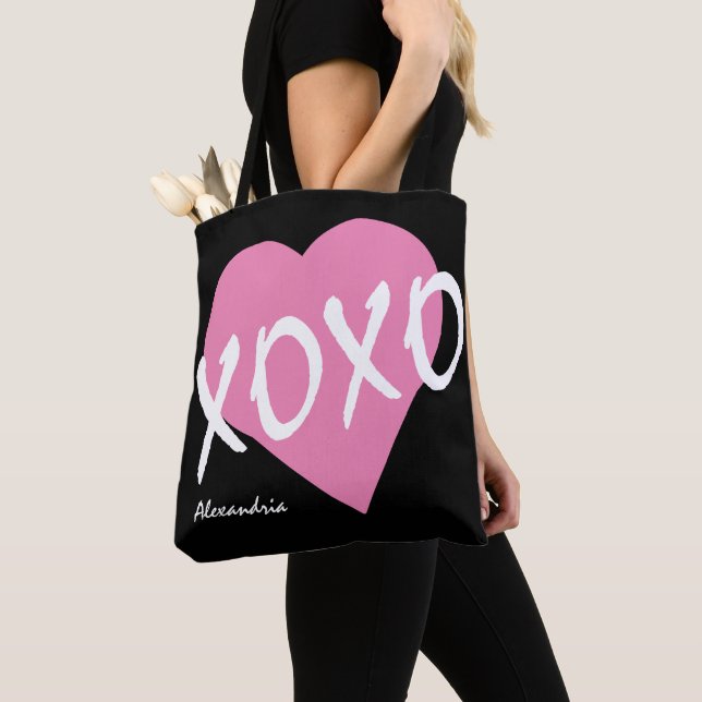 XOXO Rosa Heart Black Hugs Kisses Tygkasse (Närbild)