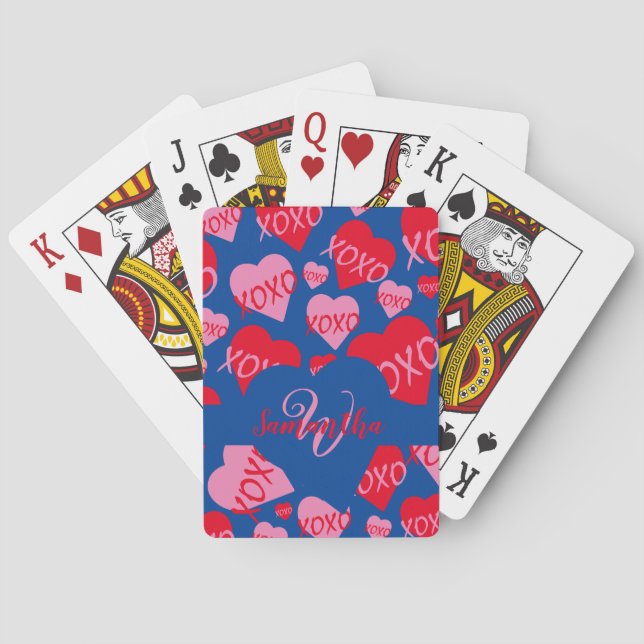 XOXO Rosa Red Heart Mönster Monogram Blue Casinokort (Baksidan)