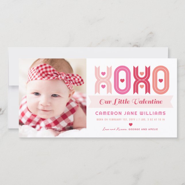 XOXO Rosa Valentine Photo Girl Birth Notice Julkort (Framsida)