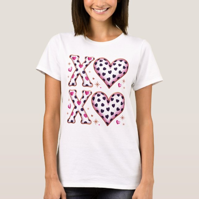 XOXO Valentine Hearts Leopard Pink Preppy Pattern T Shirt (Framsida)