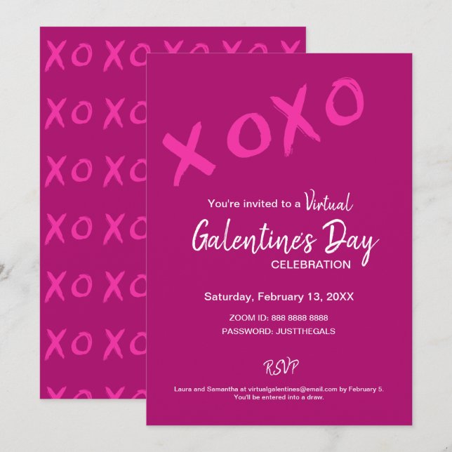XOXO Virtuell Galentins Day Rosa Valentines Party Inbjudningar (Fram/baksida)