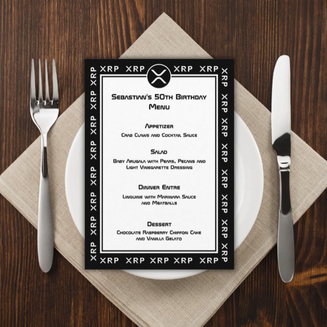 XRP Crypto Currency Black and White Flat Menu Meny (Black and White XRP Menu Card for Crypto Enthusiasts)