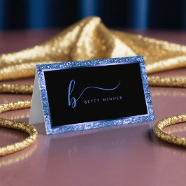 Xury Royal Blue Glitter Ram Script Monogram Visitkort