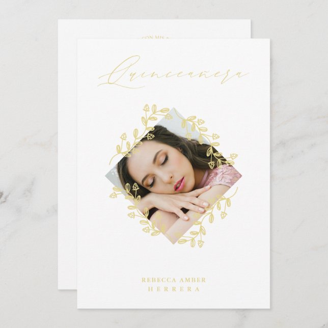 XV Años Guld Diamond WildblomWhite Photo Inbjudningar (Fram/baksida)