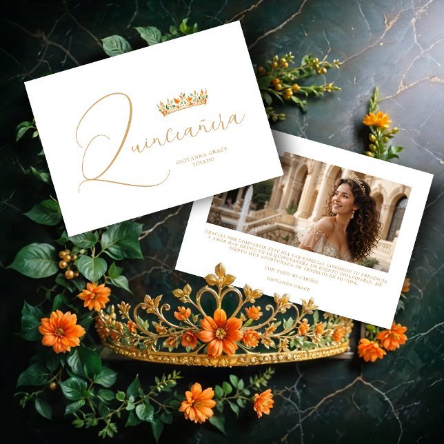 XVs Sophisticated Colorful Tiara & Elegant Script Tack Kort (Sophisticated Colorful Princess Tiara & Elegant Script Photo Quinceañera Thank You Cards.)