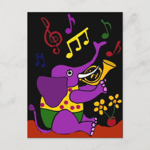 XX- Folk Art Elephant Spela Fransk Horn Vykort