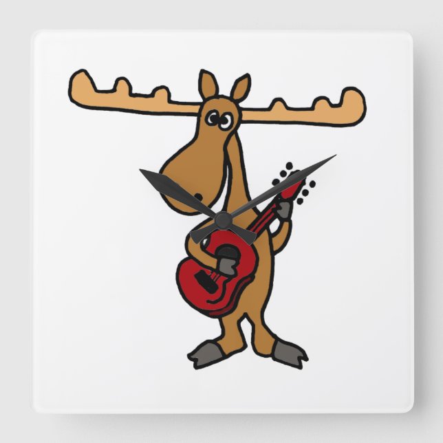 XX- Funny Moose Play Guitar Tecknad Fyrkantig Klocka (Framsida)