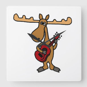 XX- Funny Moose Play Guitar Tecknad Fyrkantig Klocka