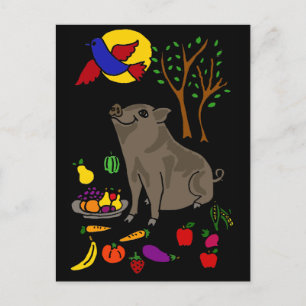 XX- Pot Belllied Gris och Fruit Folk Art Design Vykort
