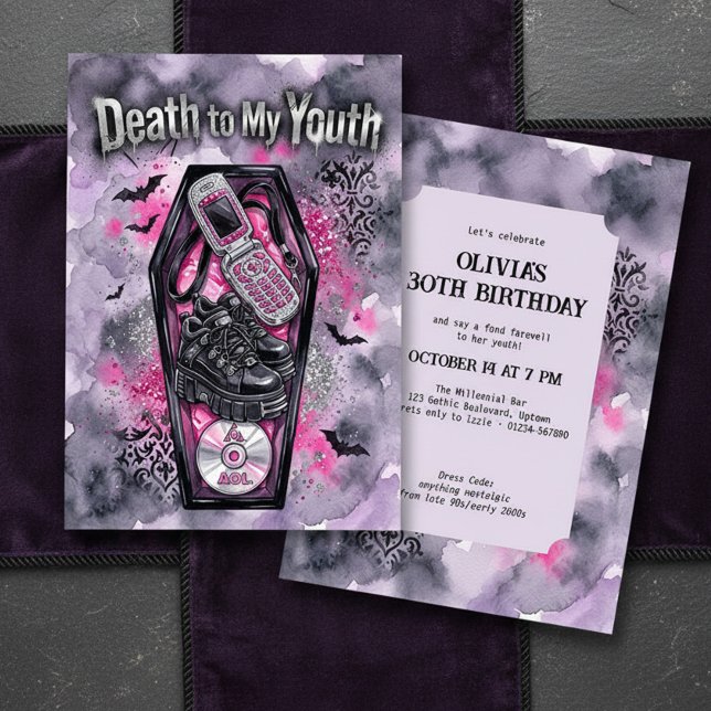 Y2K Döden för min ungdom 30-årsdag Inbjudningar (Death to my Youth glam gothic 30th birthday invitation by Darling & May (printed or digital))